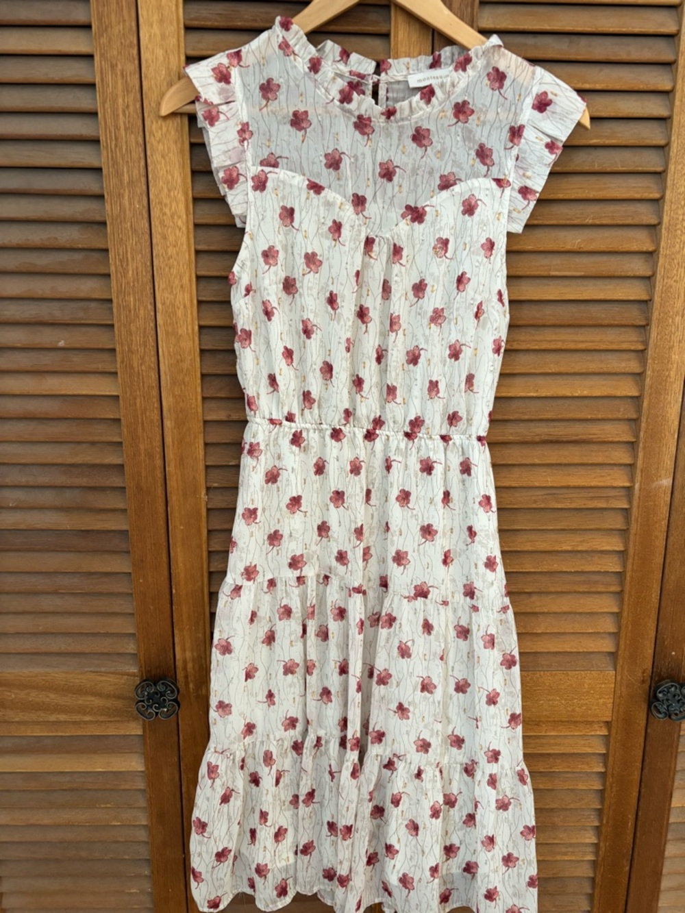 Monteau Los Angeles cream boho midi dress with Dusty Rose Floral Embroidery